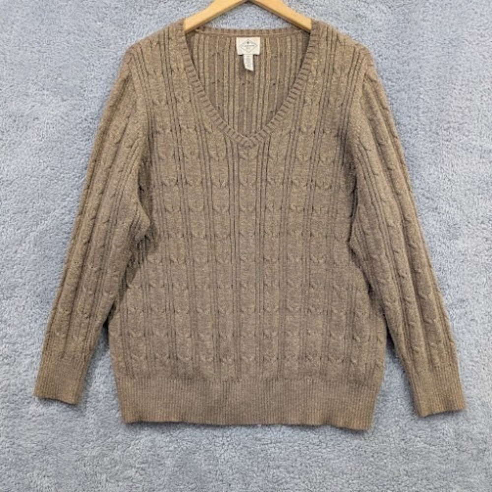 St Johns Bay Sweater Women's 2X Brown Tan Metallic Cable Knit V Neck Pullover